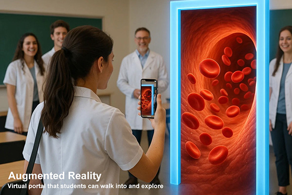 Augmented reality example. A student looks through an AR portal into a 3D blood vessel